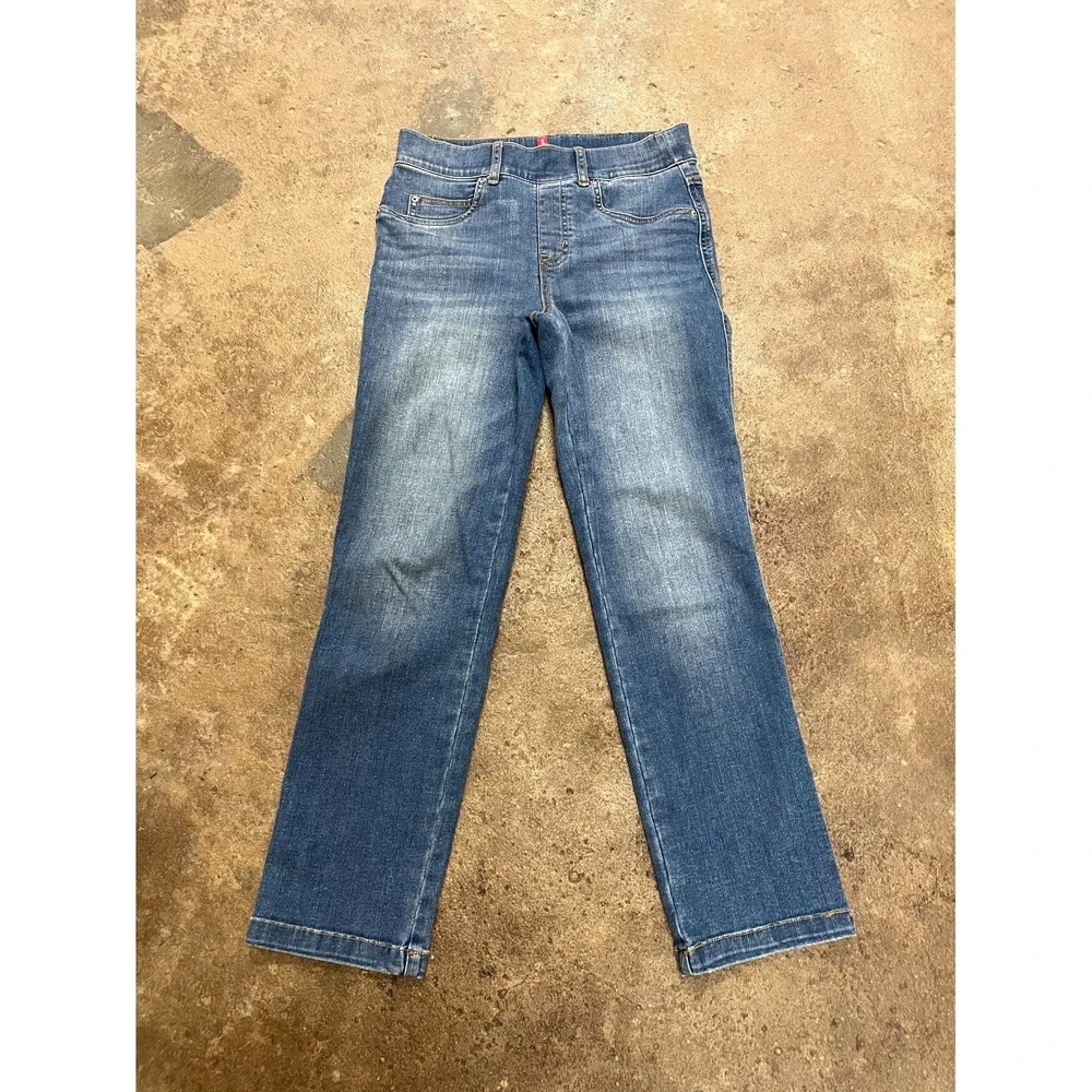 Spanx Jeans Womens Small Blue Denim Cotton Stretch Pull on Mid Rise Straight Leg - Picture 1 of 16